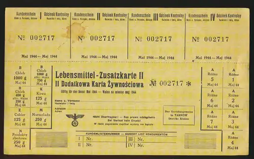 Ghetto Tarnow Tarnów Polen Krakau Lebensmittel Zusatzkarte II Mai 1944 D. Reich