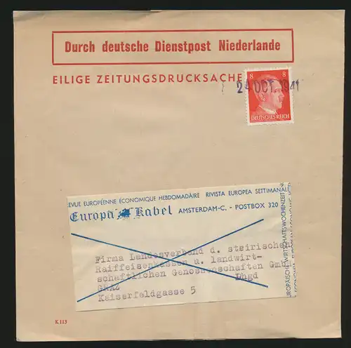 Besetzung D Dienstpost Niederlande EF Reich 786 Zeitungsdrucksache Tagesstempel 