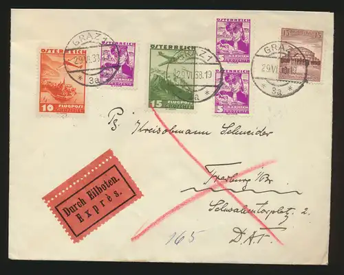 Flugpost Reich Eilboten Brief Österreich Ostmark 2-Länder Franka. Granz Freiburg