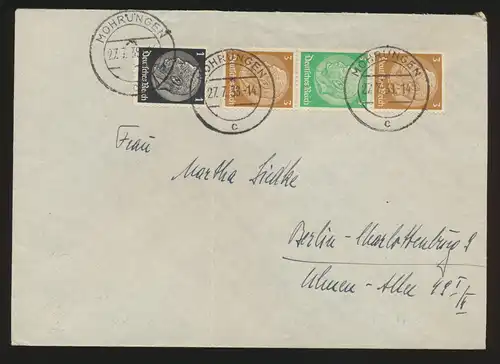 Deutsches Reich Brief Zusammendruck Hindenburg S 128 Mohrüngen Berlin 27.7.1938 