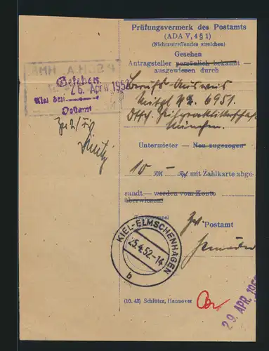 Bund Brief bzw. Postsache Prüfungsvermerk des Postamts Kiel Elmschenhagen 1952