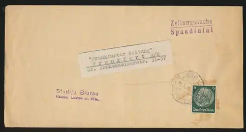 Deutsche Dienstpost Ostland EF Hindenburg Kauen Zeitungsstreifband n. Frankfurt