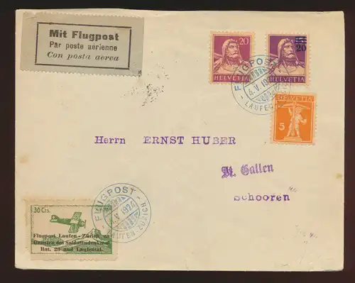 Flugpost air mail Schweiz Brief MIF Tell + Vignette Laufen Zürich 4.5.1924