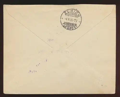 Flugpost air mail Schweiz Brief MIF Tell + Vignette Laufen Zürich 4.5.1924