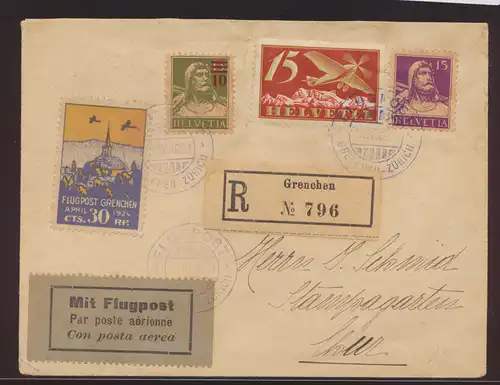 Flugpost air mail Schweiz Brief MIF Tell + Flugpost + Vignette Grenchen Zürich