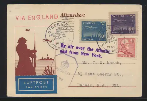 Flugpost air mail Schweden Zensur Karte MIF via England Rahway New York USA