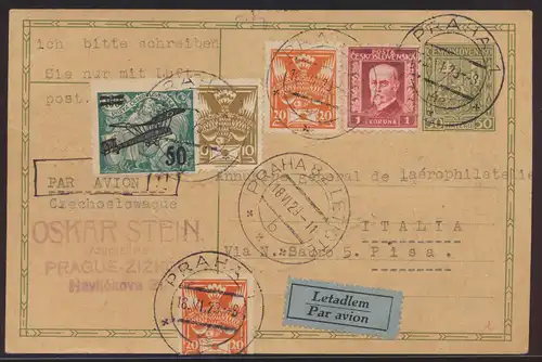 Flugpost air mail Tschechoslowakei Ganzsache + ZuF nach Pisa Italien 18.6.1929