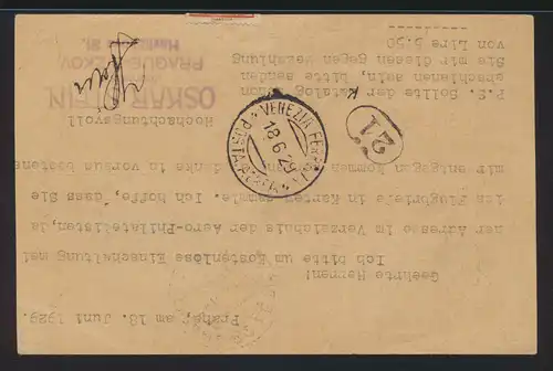Flugpost air mail Tschechoslowakei Ganzsache + ZuF nach Pisa Italien 18.6.1929