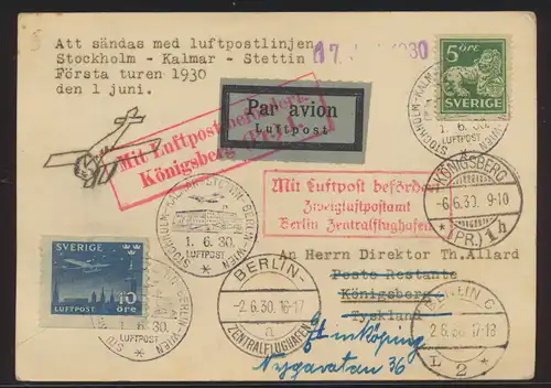 Flugpost air mail Karte Schweden Stockholm Kalmar Stettin via Berlin Königsberg
