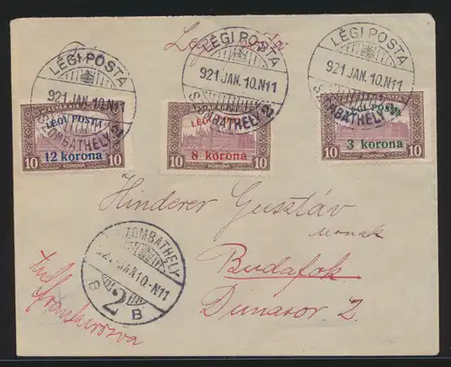 Flugpost air mail Ungarn Brief mit drei Aufdruckmarken LEGI POSTA 10.1.1921