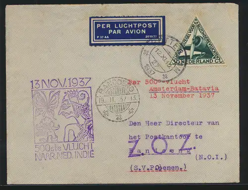 Flugpost air mail Niederlande Amsterdam Batavia 500. Flug n. Bandoeng und rs.