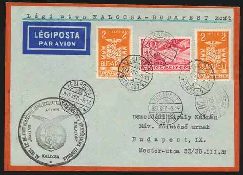 Flugpost air mail Ungarn Budapest Kalosca Budapest dekorativer Brief 13.9.1937