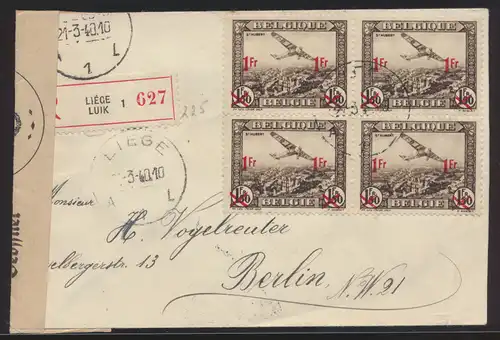 Flugpost air mail Liege Belgien Viererblock per Einschreiben n. Berlin + Zensur