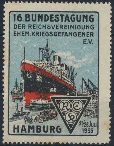 Reklame Vignette Werbung Schifffahrt Bundestagung Kriegsgefangener Hamburg 1933