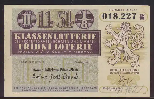 Banknote Geldschein besser Lotterie Schein Böhmen & Mähren Ziehung 20.7.1944