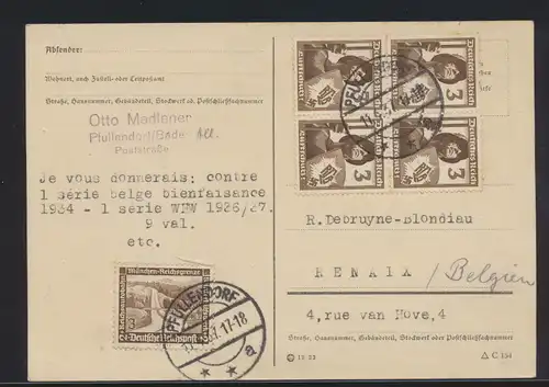 Deutsches Reich Brief Postkarte MIF Viererblock Pfullendorf n. Renaix Belgien