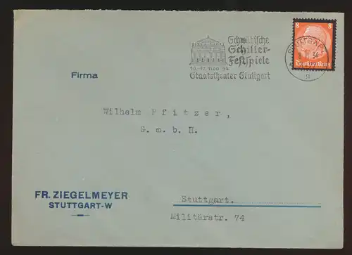 D. Reich Theater Brief EF Hindenburg Werbestempel Schiller Festspiele Stuttgart