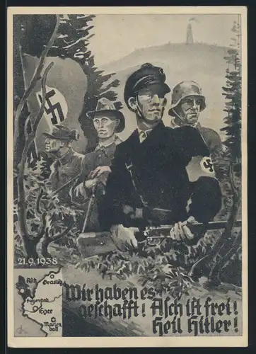 Besetzung Sudetenland Propaganda Ansichtskarte mit Nr. 2 Aufdruck Asch ist frei