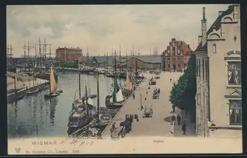Bahnpost Wismar Ludwigslust Ansichtskarte Hafen nach Magdeburg Zug 32 29.4.1903