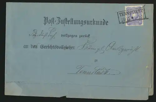 Deutsches Reich Brief EF 20 Pfg. Adler R2 Tennstaedt auf Postzustellurkunde