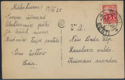 Estland Postkarte 37 A Tartu nach Haaslawa 12.4.1927 Foto Ostern