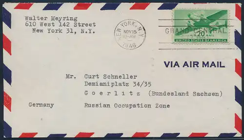 USA Brief Flugpost 504 New York nach Görlitz 15.11.1946