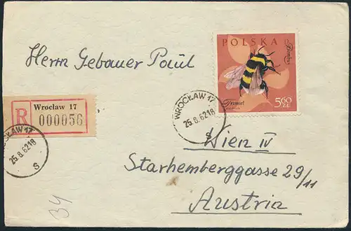 Polen Brief R-Brief 1288 Warschau nach Wien 25.8.1962 Tiere Insekten Bienen