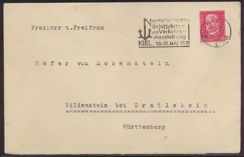 Deutsches Reich Brief EF Präsidenten Masch.-Stempel Kiel Schifffahrt Verkehrs