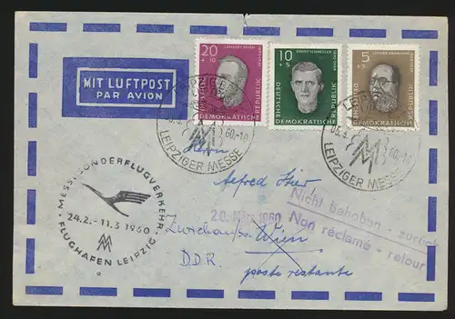 Flugpost air mail DDR Gedenkstätte Messe Sonderflug mit Stempel Nicht behoben 