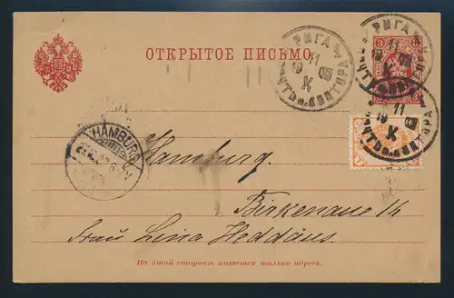 Rußland Ganzsache 3 K rot mit ZuF 1 K orange 1902 nach Hamburg
