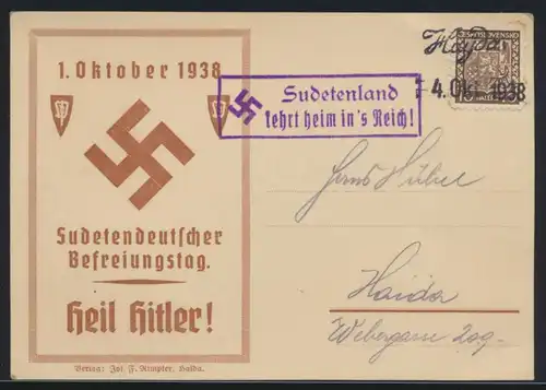 Besetzung Sudetenland Propaganda Karte viol. R2 kehrt heim ins Reich L2 Hayda