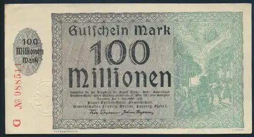 Banknote Notgeld Gutschein 100 Millionen Mark August Thyssen Hütte Hamborn ss