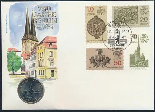 DDR Numisbrief 750 Jahre Berlin Nikolaiviertel mit 5 M Münze 1987