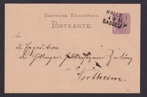 Briefmarken Bahnpost Deutsches Reich L3 Halle Kassel nach Northeim 4.9.184 auf