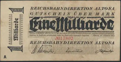 Reichsbahndirektion Altona 1 Milliarde Mark 1923 VF