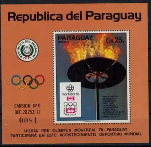 Paraguay Olympia Sport Block 221 Sommerspiele Montreal Olympische Flamme