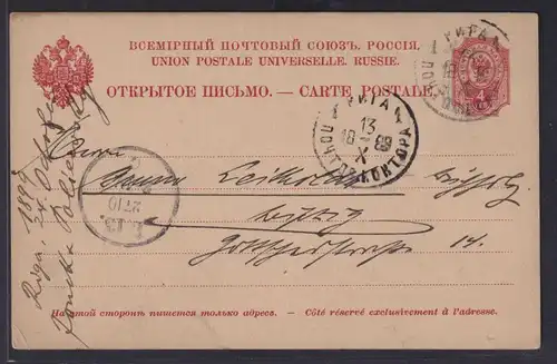 Rußland Ganzsache 4 K. rot ab Riga Lettland nach Leipzig 13.10.1899