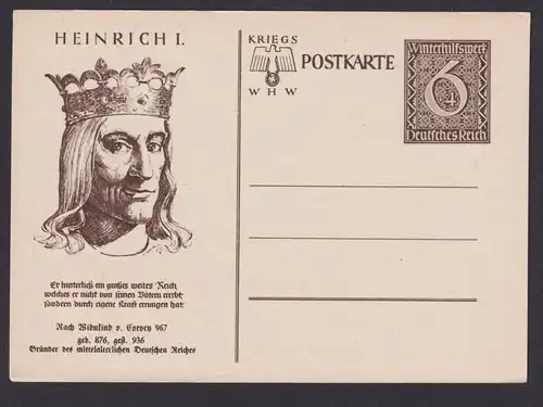 Briefmarken Deutsches Reich Ganzsache WHW Winterhilfswerk Heinrich I 1939