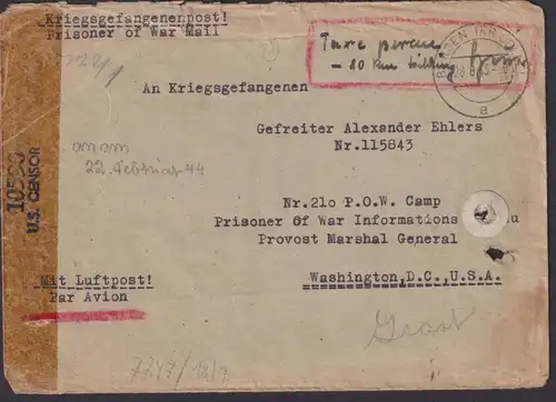 Kriegsgefangenenpost Zensur Brief USA Washington ab Bergen Celle Hannover