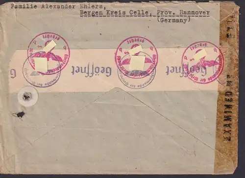 Kriegsgefangenenpost Zensur Brief USA Washington ab Bergen Celle Hannover
