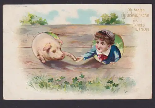 Ansichtskarte Neujahr Schwein Glücksschwein Tiere Prägekarte Künstlerkarte ab