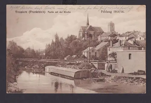 Ansichtskarte Vouziers Frankreich Partie m. Kirche Feldzug 1914/16 1. Weltkrieg