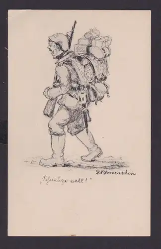 Ansichtskarte Künstlerkarte Bleistiftzeichnung Sign. Soldat m. Marschgepäck