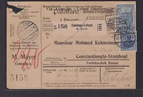 Deutsches Reich Brief Paketkarte Destination Coblenz Lützel mit Eindruck via