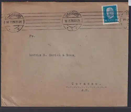 Deutsches Reich Brief 25 Pfg. Reichspräsidenten Destination Hamburg Curacao