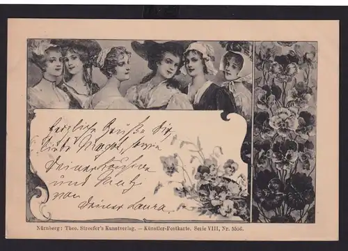 Ansichtskarte Künstlerkarte Signiert JH Frauen Tracht Blumen gemalt ab Bernburg