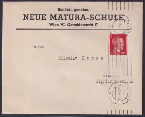 Österreich Ostmark Deutsches Reich Brief EF 8 Pfg. Hitler Wien Reklame Schule