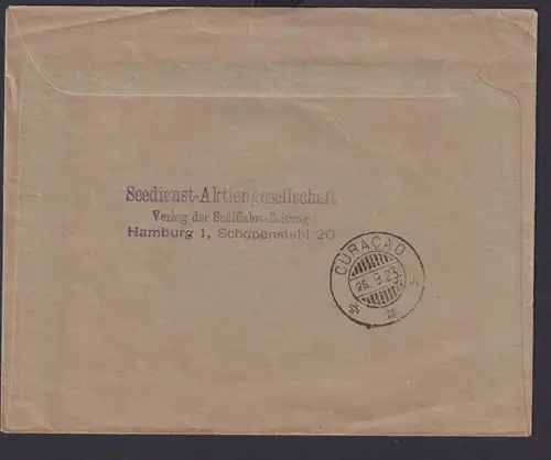 Deutsches Reich Brief Infla AFS Absenderfreistempel Destination Hamburg Curacao