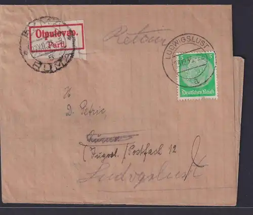 Deutsches Reich Brief EF 5 Pfg. Hindenburg Streifband Ludwigslust n Jugoslawien