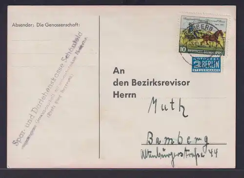Bund Brief EF 160 Thurn & Taxis auf Sparwochen Karte Schönfeld Bamberg 3.11.1952